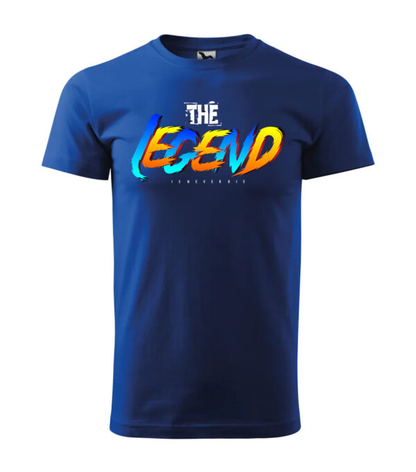 A navy-blue T-shirt with a vibrant "The Legend" design in bold typography and colorful gradients.