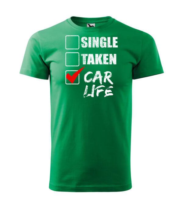 A green T-shirt featuring a checkmark design with the text "Car Life" highlighted in bold.