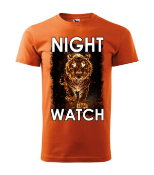 A vibrant orange T-shirt featuring a bold tiger design with the words "Night Watch."