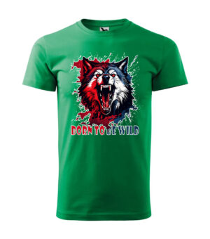 "Born to Be Wild T-shirt in green with a bold dual-tone wolf graphic design."