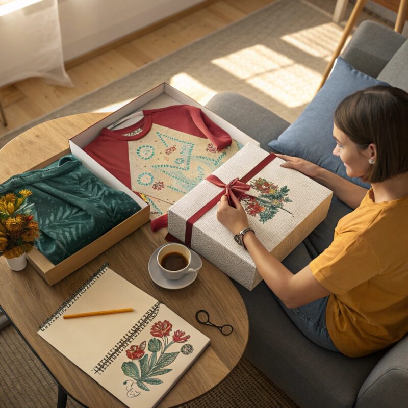 A woman sitting on a sofa in a cozy living room, unwrapping a beautifully wrapped gift box with a floral design, surrounded by t-shirts, a notebook with sketches, and a cup of coffee on a wooden table.