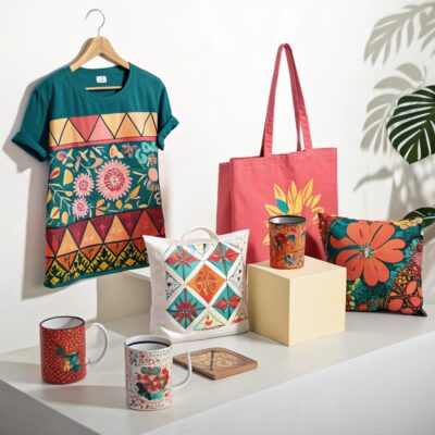 A colorful assortment of products, including a vibrant t-shirt, two decorative throw pillows, two ceramic mugs, a reusable tote bag, and a cylindrical container, all featuring unique floral and geometric patterns in bold, warm colors.