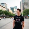 A young man wearing a black "Anime Eyes Never Lie" T-shirt, standing outdoors in a modern cityscape.