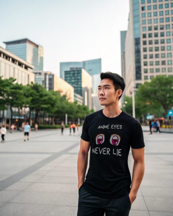 A young man wearing a black "Anime Eyes Never Lie" T-shirt, standing outdoors in a modern cityscape.