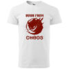 A white T-shirt with the bold print "Born from Chaos" featuring a fiery emblem.