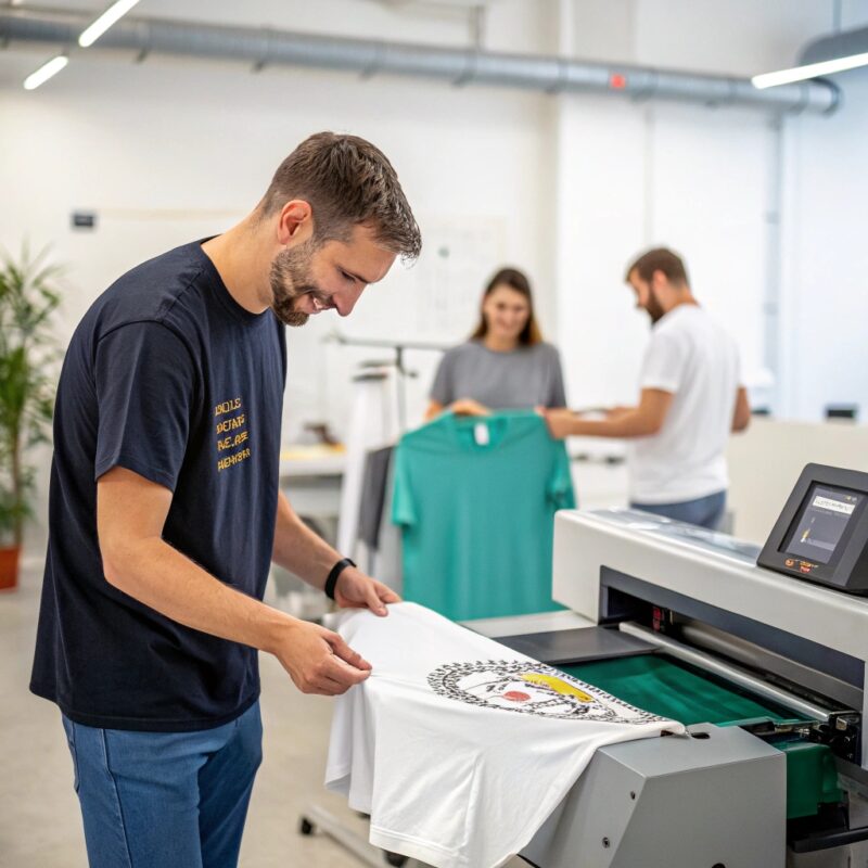 A modern T-shirt printing studio with a designer working on a printed shirt while colleagues handle additional tasks in the background.