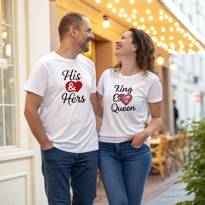 A happy couple wearing matching custom T-shirts with romantic phrases, standing outdoors under decorative lights.