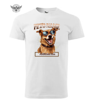 White T-shirt featuring a customizable pet portrait design with sunglasses.