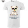 A white T-shirt featuring a cute illustrated dog wearing sunglasses with the text "Luna – Professional Food Tester & Nap Expert."