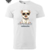 White T-shirt with a customizable pet-themed design featuring a cute dog in sunglasses and placeholder text "Pet's Name" and "Additional line."