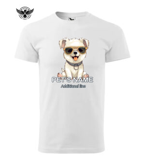 White T-shirt with a customizable pet-themed design featuring a cute dog in sunglasses and placeholder text "Pet's Name" and "Additional line."