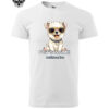 White T-shirt with a customizable pet-themed design featuring a cute dog in sunglasses and placeholder text "Pet's Name" and "Additional line."