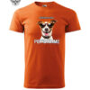 An orange T-shirt with a custom dog design, featuring a Jack Russell Terrier in sunglasses, with a customizable pet name and additional message.