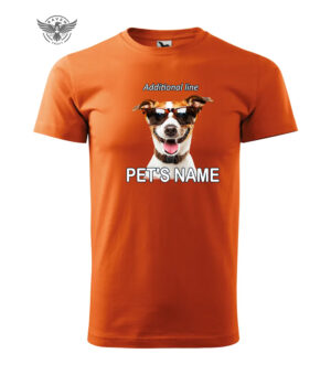 An orange T-shirt with a custom dog design, featuring a Jack Russell Terrier in sunglasses, with a customizable pet name and additional message.