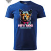 A blue T-shirt with a custom pet illustration featuring a stylish dog in glasses and a bow tie, with space for a personalized name.