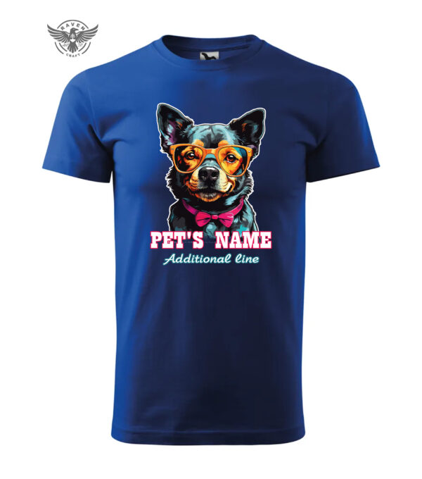 A blue T-shirt with a custom pet illustration featuring a stylish dog in glasses and a bow tie, with space for a personalized name.