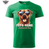 A green T-shirt featuring a custom dog print with sunglasses and personalized text.