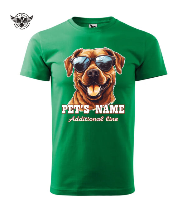 A green T-shirt featuring a custom dog print with sunglasses and personalized text.