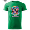 A green T-shirt featuring a colorful dog illustration with sunglasses, personalized with "PET'S NAME" and an additional custom text line.