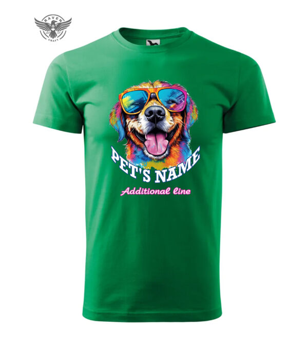 A green T-shirt featuring a colorful dog illustration with sunglasses, personalized with "PET'S NAME" and an additional custom text line.