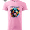 A pink T-shirt featuring a vibrant, personalized pet portrait of a happy dog with customizable name and text.