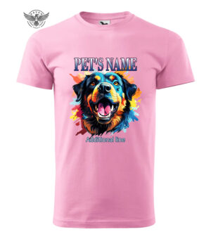 A pink T-shirt featuring a vibrant, personalized pet portrait of a happy dog with customizable name and text.