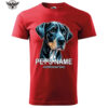 A red T-shirt featuring a custom pet portrait print with a personalized name option, showcasing a stylish and high-quality pet lover design.