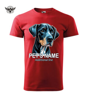 A red T-shirt featuring a custom pet portrait print with a personalized name option, showcasing a stylish and high-quality pet lover design.