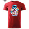 A red T-shirt featuring a custom pet-themed design with a husky wearing sunglasses and a cap, with the placeholder text "PET'S NAME" and "Additional line."