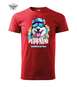 A red T-shirt featuring a custom pet-themed design with a husky wearing sunglasses and a cap, with the placeholder text "PET'S NAME" and "Additional line."