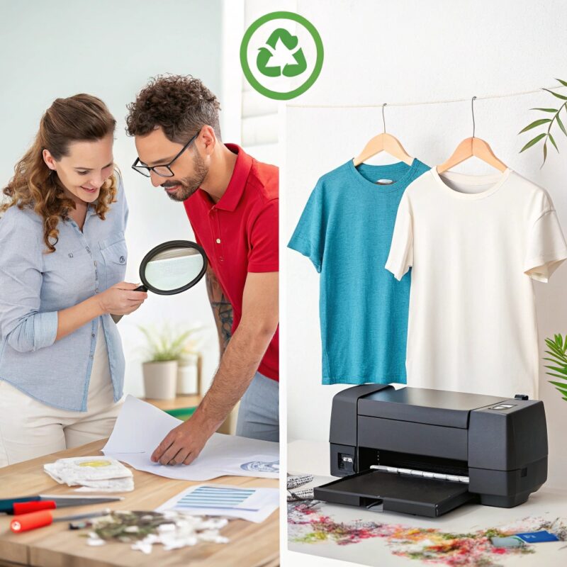 A creative process featuring a man and woman examining designs with a magnifying glass, eco-friendly symbol, and a setup with T-shirts and a printer.