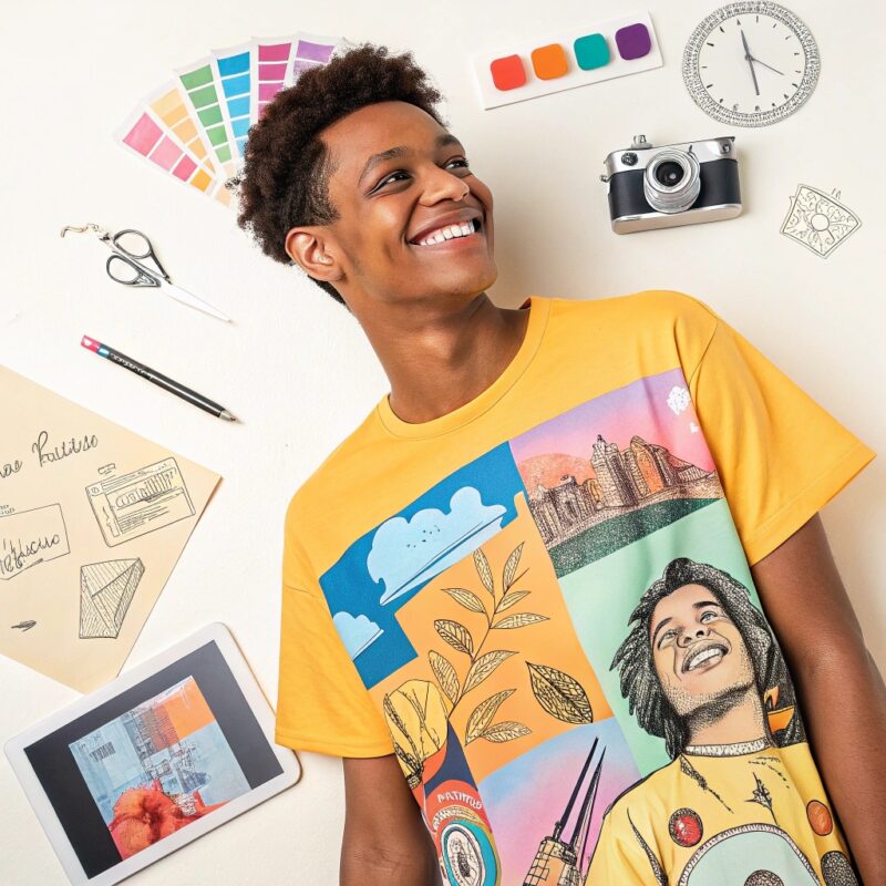 A young man with curly hair wearing a vibrant yellow graphic t-shirt, smiling against a creative workspace background with design tools, color palettes, and sketches.