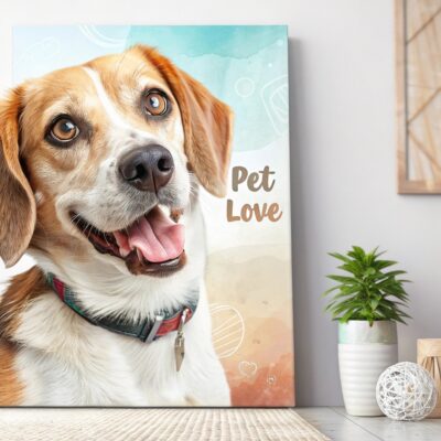 A photorealistic canvas print of a happy beagle dog with the text "Pet Love" in a cozy, modern home setting.