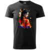 A black T-shirt featuring a vibrant artistic portrait of a woman in a red kimono with Japanese characters.