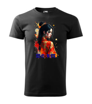 A black T-shirt featuring a vibrant artistic portrait of a woman in a red kimono with Japanese characters.