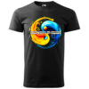 A black T-shirt featuring a dynamic yin-yang fire and water design with the phrase Harmony in Chaos in bold font.