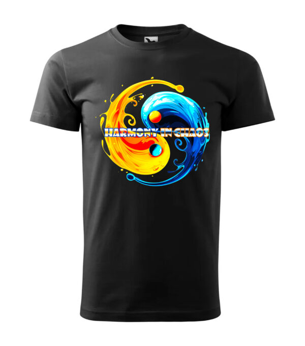 A black T-shirt featuring a dynamic yin-yang fire and water design with the phrase Harmony in Chaos in bold font.