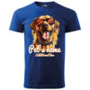 A blue T-shirt with a custom pet name print featuring a happy dog in sunglasses.