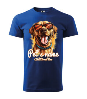 A blue T-shirt with a custom pet name print featuring a happy dog in sunglasses.