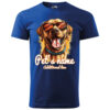 A blue T-shirt with a custom pet name print featuring a happy dog in sunglasses.