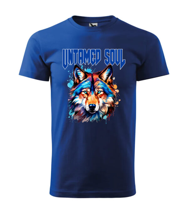 A blue T-shirt featuring a vibrant wolf graphic with the text "Untamed Soul" in bold letters.