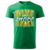 A green T-shirt with a bold "Give Me More Space" text design in yellow and white.