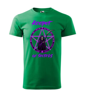 A green T-shirt featuring the "Keeper of Secrets" design with a reaper and pentagram in purple.