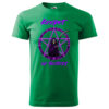 A green T-shirt featuring the "Keeper of Secrets" design with a reaper and pentagram in purple.