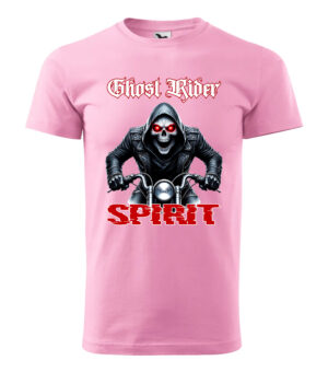 A bold pink T-shirt featuring a biker with glowing red eyes and the text "Ghost Rider Spirit" in striking font.