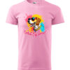 A pink T-shirt featuring a vibrant print of a smiling dog in sunglasses with the text "Coolest Pup Around."