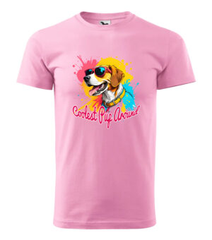 A pink T-shirt featuring a vibrant print of a smiling dog in sunglasses with the text "Coolest Pup Around."