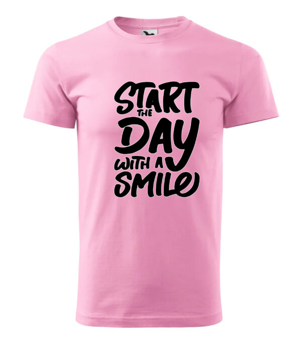 A pink T-shirt with the bold and cheerful print "Start the Day with a Smile".