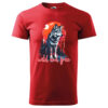 A red T-shirt featuring a majestic wolf standing under a full moon with the text "Wild and Free."