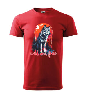 A red T-shirt featuring a majestic wolf standing under a full moon with the text "Wild and Free."